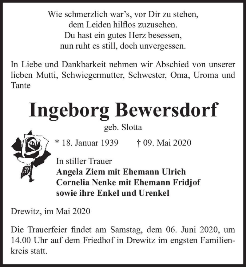  Traueranzeige für Ingeborg Bewersdorf (geb. Slotta)  vom 23.05.2020 aus Magdeburger Volksstimme