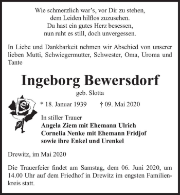 Traueranzeige von Ingeborg Bewersdorf (geb. Slotta)  von Magdeburger Volksstimme