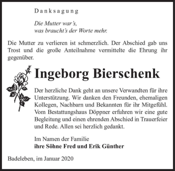 Traueranzeige von Ingeborg Bierschenk  von Magdeburger Volksstimme