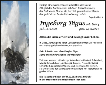 Traueranzeige von Ingeborg Bigus (geb. Slany)  von Magdeburger Volksstimme