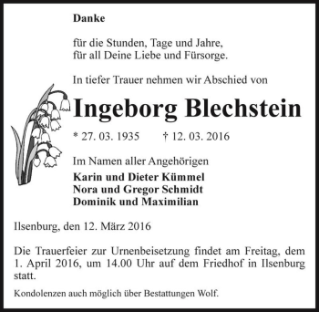 Traueranzeige von Ingeborg Blechstein  von Magdeburger Volksstimme