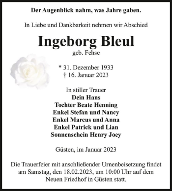 Traueranzeige von Ingeborg Bleul (geb. Fehse)  von Magdeburger Volksstimme