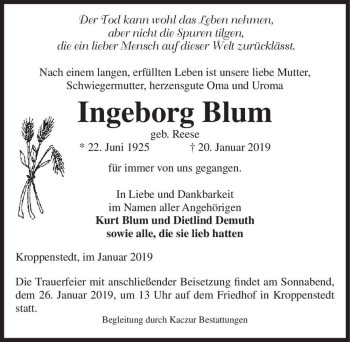 Traueranzeige von Ingeborg Blum (geb. Reese)  von Magdeburger Volksstimme