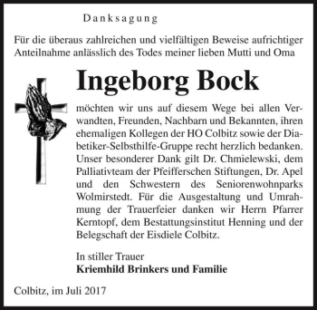 Traueranzeige von Ingeborg Bock  von Magdeburger Volksstimme