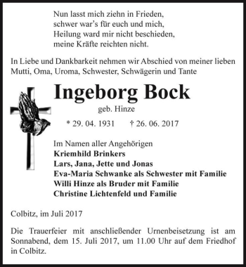 Traueranzeige von Ingeborg Bock (geb. Hinze)  von Magdeburger Volksstimme