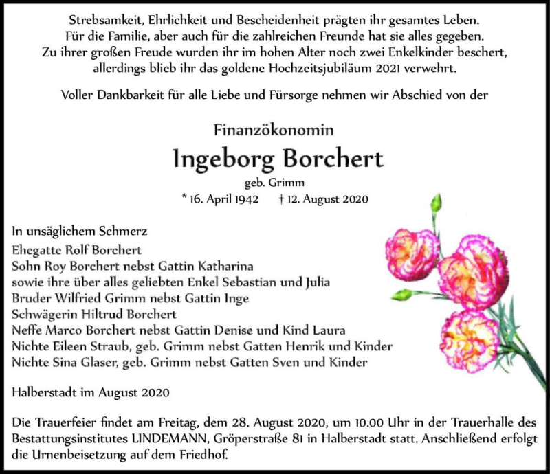  Traueranzeige für Ingeborg Borchert (geb. Grimm)  vom 15.08.2020 aus Magdeburger Volksstimme