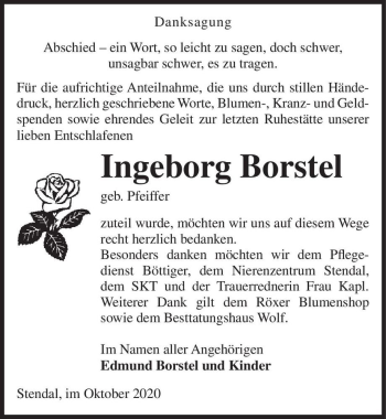 Traueranzeige von Ingeborg Borstel (geb. Pfeiffer)  von Magdeburger Volksstimme