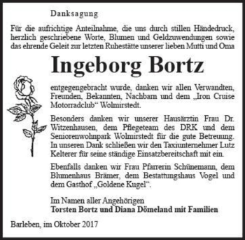 Traueranzeige von Ingeborg Bortz  von Magdeburger Volksstimme