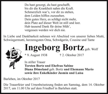 Traueranzeige von Ingeborg Bortz (geb. Wolf)  von Magdeburger Volksstimme