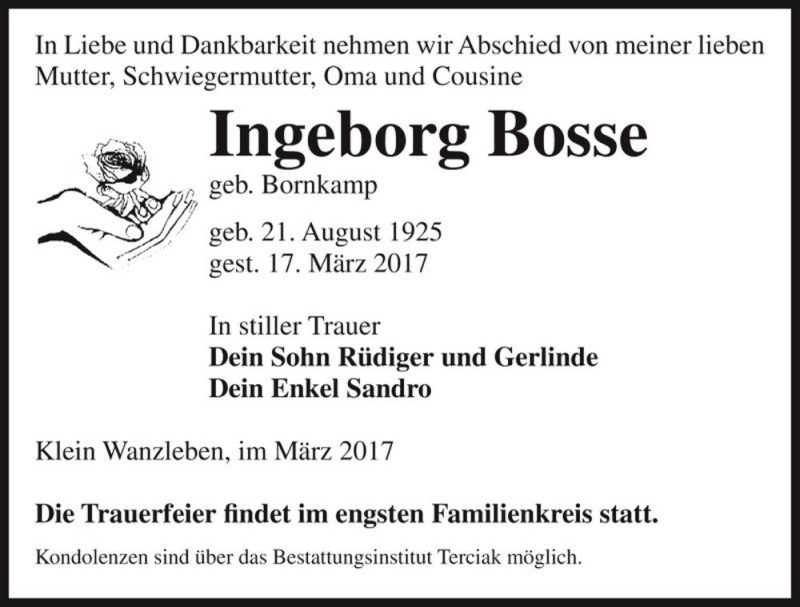  Traueranzeige für Ingeborg Bosse (geb. Bornkamp)  vom 25.03.2017 aus Magdeburger Volksstimme