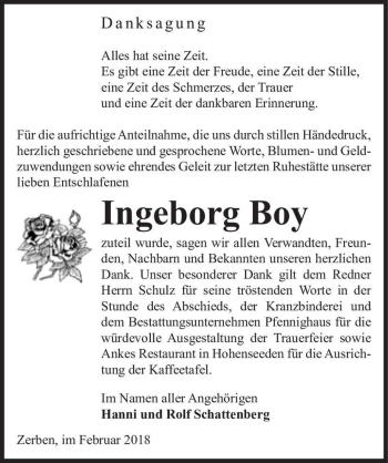 Traueranzeige von Ingeborg Boy  von Magdeburger Volksstimme