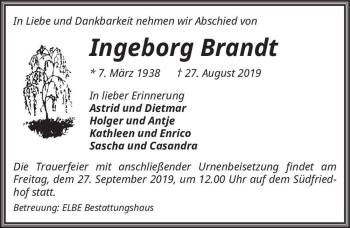 Traueranzeige von Ingeborg Brandt  von Magdeburger Volksstimme