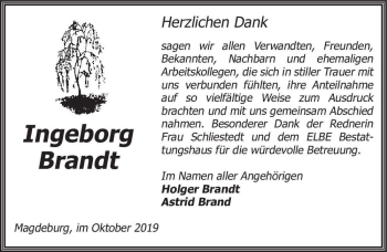 Traueranzeige von Ingeborg Brandt  von Magdeburger Volksstimme