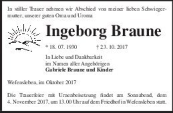 Traueranzeige von Ingeborg Braune  von Magdeburger Volksstimme