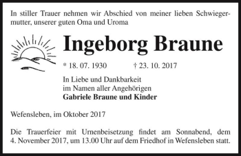 Traueranzeige von Ingeborg Braune  von Magdeburger Volksstimme