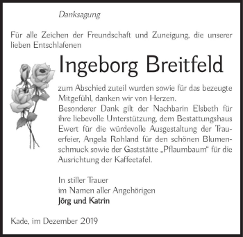 Traueranzeige von Ingeborg Breitfeld  von Magdeburger Volksstimme