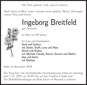 Traueranzeige von Ingeborg Breitfeld (geb. Storbeck)  von Magdeburger Volksstimme