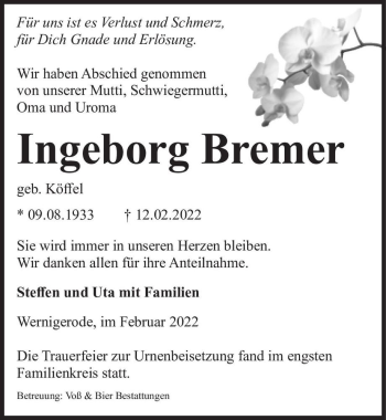 Traueranzeige von Ingeborg Bremer (geb. Köffel)  von Magdeburger Volksstimme