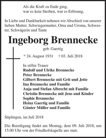 Traueranzeige von Ingeborg Brennecke (geb. Gaertig)  von Magdeburger Volksstimme