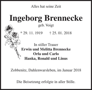 Traueranzeige von Ingeborg Brennecke (geb. Voigt)  von Magdeburger Volksstimme