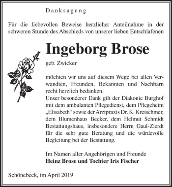Traueranzeige von Ingeborg Brose (geb. Zwicker)  von Magdeburger Volksstimme