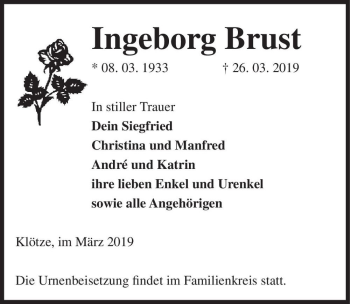 Traueranzeige von Ingeborg Brust  von Magdeburger Volksstimme