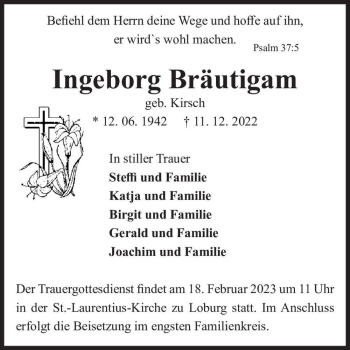 Traueranzeige von Ingeborg Bräutigam (geb. Kirsch)  von Magdeburger Volksstimme