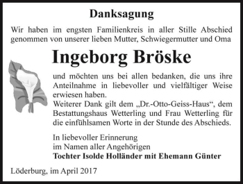 Traueranzeige von Ingeborg Bröske  von Magdeburger Volksstimme