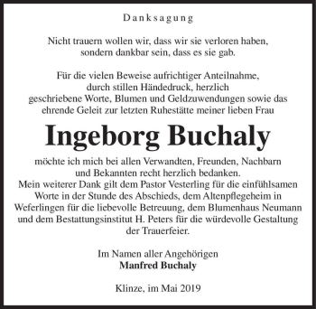 Traueranzeige von Ingeborg Buchaly  von Magdeburger Volksstimme