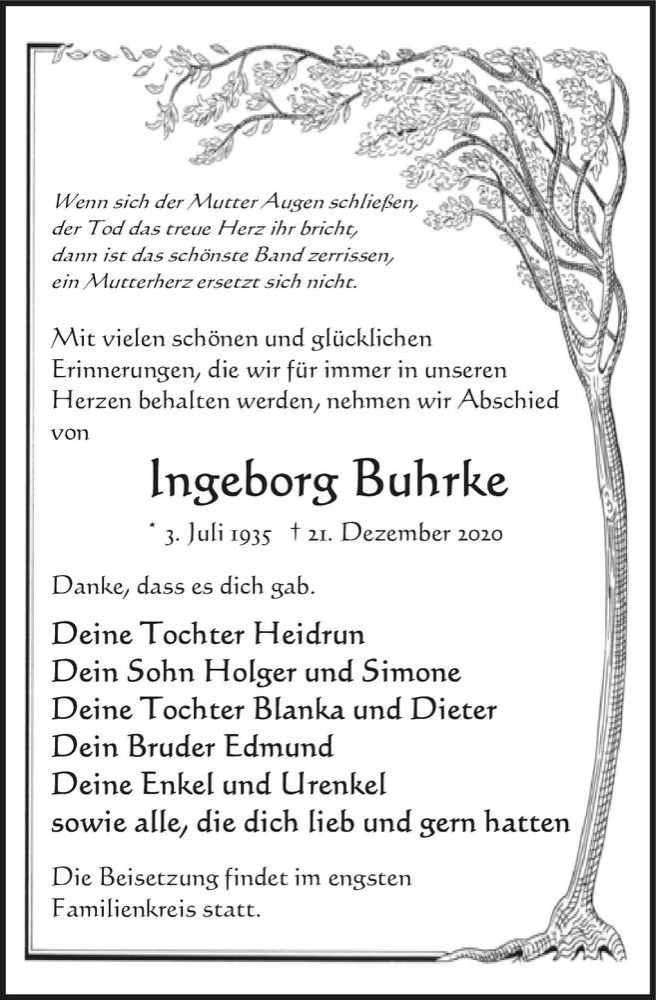  Traueranzeige für Ingeborg Buhrke  vom 02.01.2021 aus Magdeburger Volksstimme