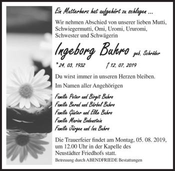 Traueranzeige von Ingeborg Buhro (geb. Schröder)  von Magdeburger Volksstimme