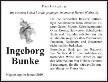 Traueranzeige von Ingeborg Bunke  von Magdeburger Volksstimme