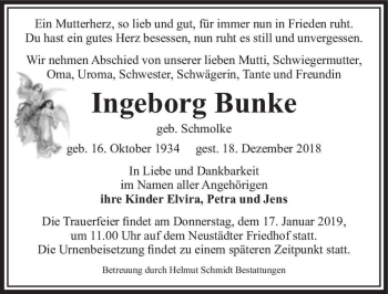 Traueranzeige von Ingeborg Bunke (geb. Schmolke)  von Magdeburger Volksstimme