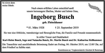 Traueranzeige von Ingeborg Busch (geb. Fleischhauer)  von Magdeburger Volksstimme
