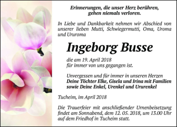 Traueranzeige von Ingeborg Busse  von Magdeburger Volksstimme