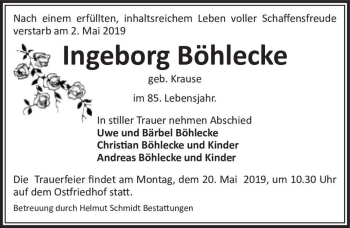 Traueranzeige von Ingeborg Böhlecke (geb. Krause)  von Magdeburger Volksstimme