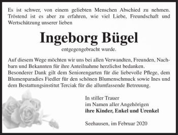 Traueranzeige von Ingeborg Bügel  von Magdeburger Volksstimme