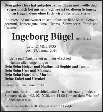 Traueranzeige von Ingeborg Bügel (geb. Ziese)  von Magdeburger Volksstimme