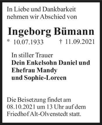 Traueranzeige von Ingeborg Bümann  von Magdeburger Volksstimme