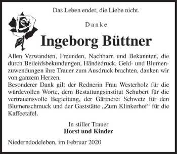 Traueranzeige von Ingeborg Büttner  von Magdeburger Volksstimme