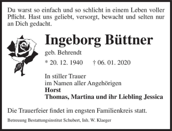 Traueranzeige von Ingeborg Büttner (geb. Behrendt)  von Magdeburger Volksstimme