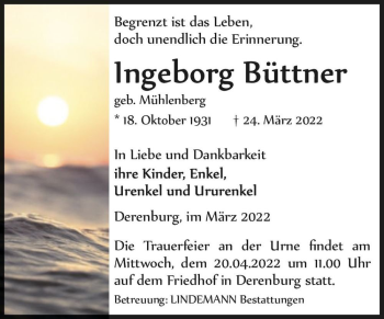Traueranzeige von Ingeborg Büttner (geb. Mühlenberg)  von Magdeburger Volksstimme