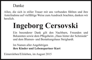 Traueranzeige von Ingeborg Cersovski  von Magdeburger Volksstimme