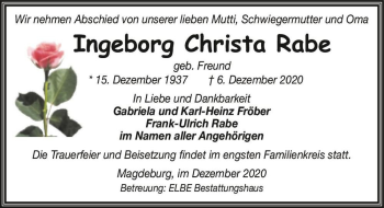 Traueranzeige von Ingeborg Christa Rabe (geb. Freund)  von Magdeburger Volksstimme