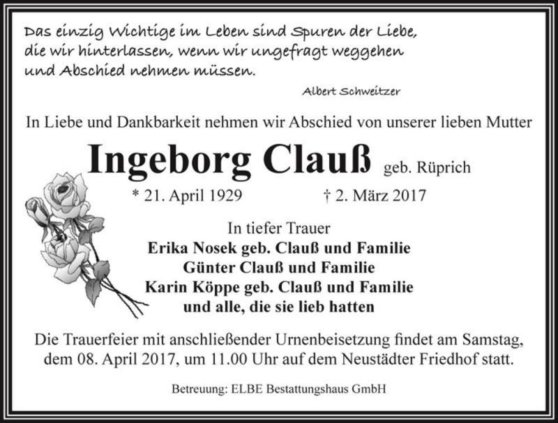  Traueranzeige für Ingeborg Clauß (geb. Rüprich)  vom 18.03.2017 aus Magdeburger Volksstimme