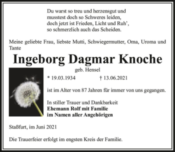 Traueranzeige von Ingeborg Dagmar Knoche (geb. Hensel)  von Magdeburger Volksstimme