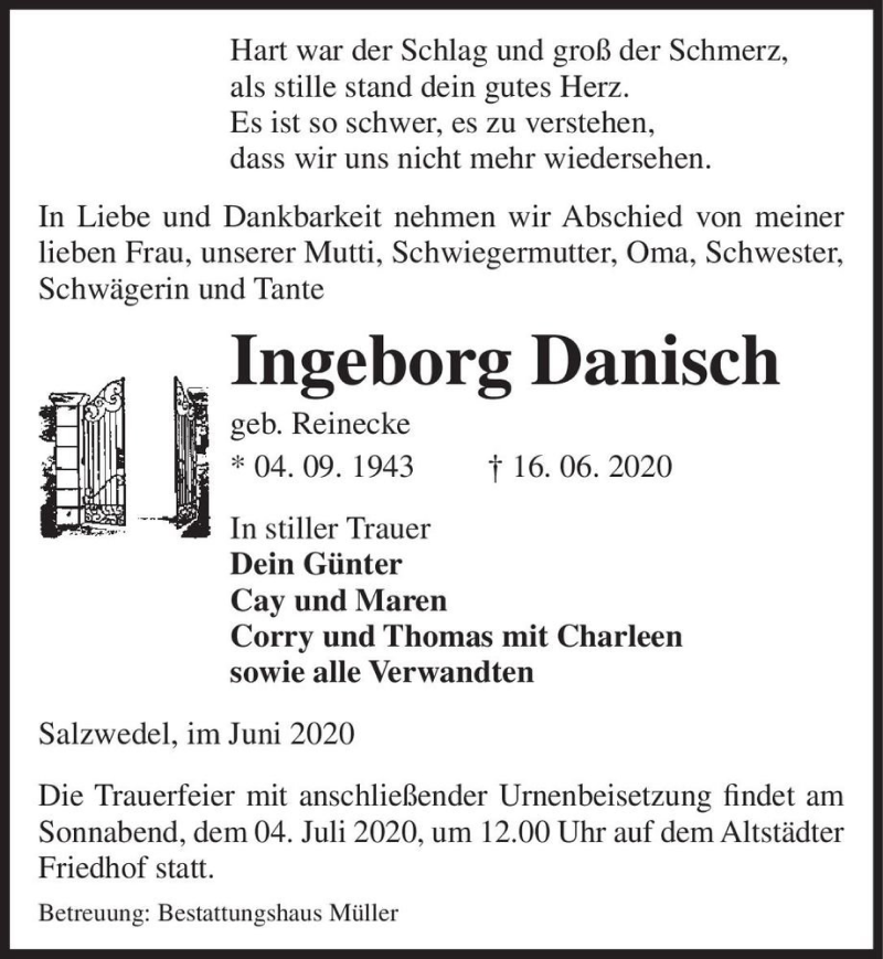  Traueranzeige für Ingeborg Danisch (geb. Reinecke)  vom 20.06.2020 aus Magdeburger Volksstimme