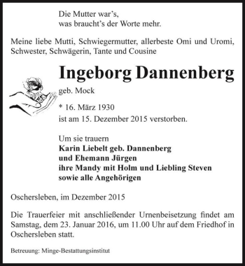 Traueranzeige von Ingeborg Dannenberg (geb. Mock)  von Magdeburger Volksstimme