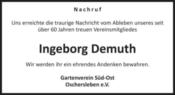 Traueranzeige von Ingeborg Demuth  von Magdeburger Volksstimme