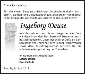 Traueranzeige von Ingeborg Deuse  von Magdeburger Volksstimme